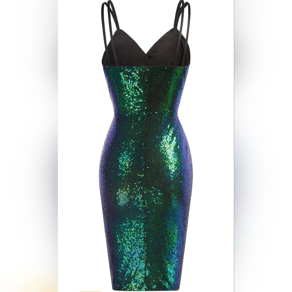 NWT Sequin Ruched V-Neck Dress in Iridescent Green and Blue - Picture 8 of 11